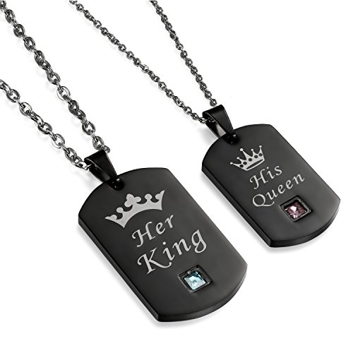 Flongo Collares de Parejas Enamorados His Queen y Her King, Colgantes de Placas Militar de Rey y Reina, Dogtag Acero Inoxidable Collares de Hombre Mujer, Regalo de San Valentin/Navidad 1 Par