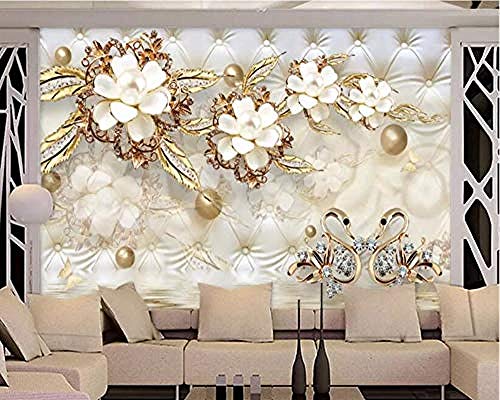 Fotomurales Poster,Mural de pared artístico Panorama Autoadhesivo de gran tamaño Custom 3D Gold White Flower Soft Pack Ball Jewelry Flower Tv Background Wallpapers Home Decor-250cmx175cm