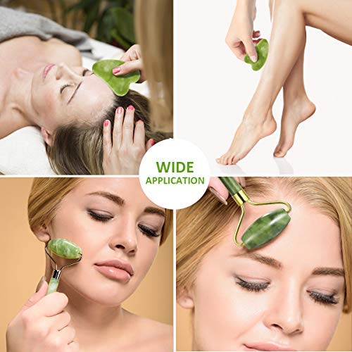 Frcolor Anti-envejecimiento Jade Roller Therapy y Gua Sha Scraping Tool Set Natural jade facial roller Doble Cuello Curación Adelgazante Masajeador