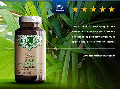 FS Saw Palmetto con Zinc 320mg por Capsula | 180 Capsulas Veganas de Alta Potencia | Serenoa Repens | Saw Palmetto Pelo, Prostata y la Salud Masculina — Sin OGM o Lacteos