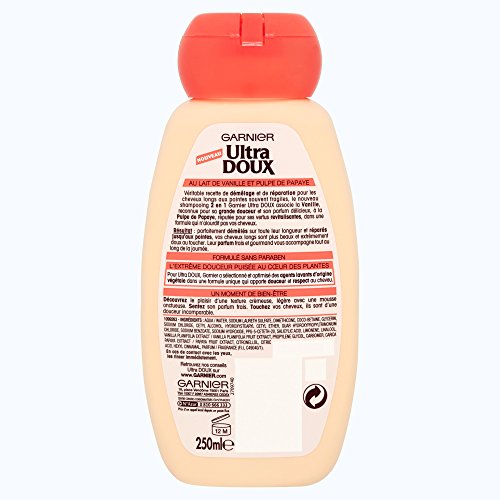 Garnier Champú Ultra Doux 2 en 1 para pelo largo y puntas frágiles, leche de vainilla y pulpa de papaya, 250 ml, lote de 3