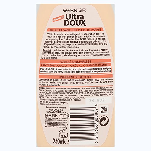 Garnier Champú Ultra Doux 2 en 1 para pelo largo y puntas frágiles, leche de vainilla y pulpa de papaya, 250 ml, lote de 3