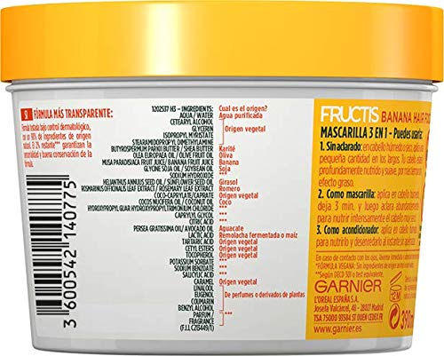 Garnier Fructis Hair Food Mascarilla Nutritiva de Banana para Pelo Seco - Pack de 3 x 390 ml