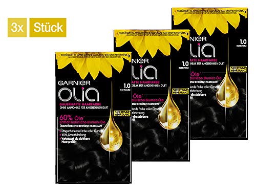 Garnier Olia - Tinte para coloración de cabello, color negro 1.0. Contiene un 60% de aceites florales para mayor intensidad de color – sin amoniaco – 3 unidades