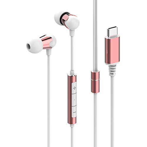 Geekria Comma 2C Noise Isolating Earbuds with Microphone and Volume Control, Lightweight Hi-Res Crystal Clear USB-C Wired in-Ear Headphones for Type-C Devices, Compact Earphones for Women - Rose Gold