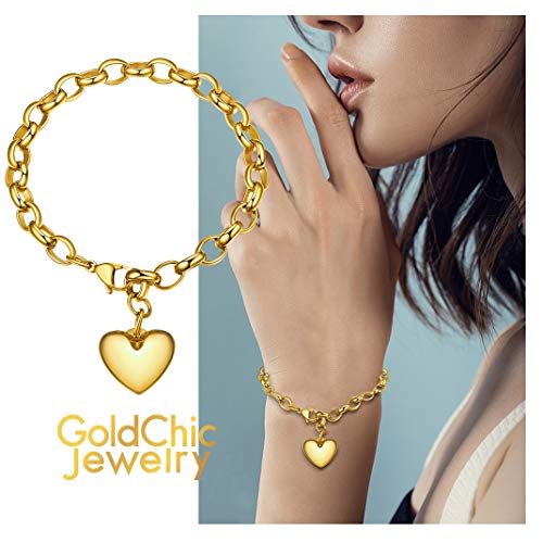 GoldChic Jewelry Letra S Colgante corazón en Pulsera de eslabones Redondos, Dorado Acero Inoxidable Chapado en 18K Oro, Joya para Novia Hija Señora, Gratis Caja de Regalo