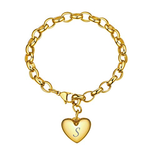 GoldChic Jewelry Letra S Colgante corazón en Pulsera de eslabones Redondos, Dorado Acero Inoxidable Chapado en 18K Oro, Joya para Novia Hija Señora, Gratis Caja de Regalo