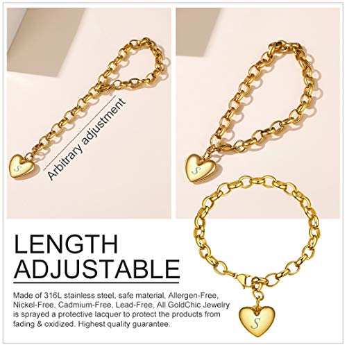 GoldChic Jewelry Letra S Colgante corazón en Pulsera de eslabones Redondos, Dorado Acero Inoxidable Chapado en 18K Oro, Joya para Novia Hija Señora, Gratis Caja de Regalo