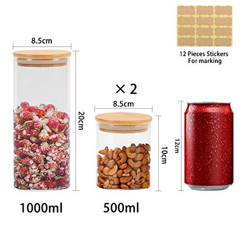 GoMaihe Tarro de Vidrio de Almacenamiento 3 Pcs, Tarros de Cristal para Conservas Envases Cristal Alimentos, Tarro de Granos de Café Recipiente Hermetico Tarros de Cristal con Tapa, 500ml x 2/1000ml