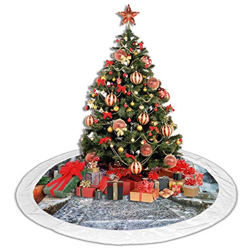 GOWINEU Alfombrilla para Falda de árbol de Navidad Encantadoras Calles Antiguas de los pueblos de Provenza para decoración navideña Adorno rústico de 30 Pulgadas de diámetro con Borde Blanco