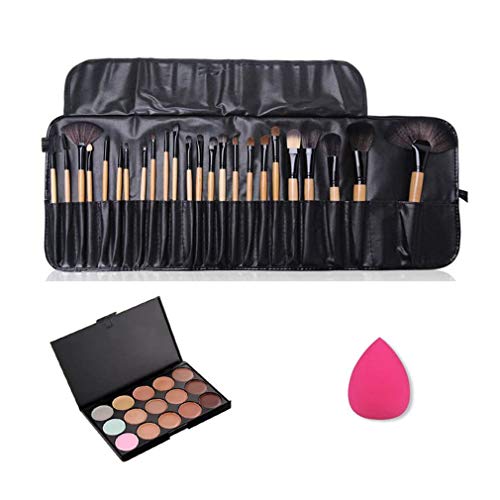 Gracelaza 24 Pcs brochas de maquillaje, 1 Esponja Fundación Puff + 15 Colores Corrector Camuflaje Paleta de Maquillaje Cosmética Crema