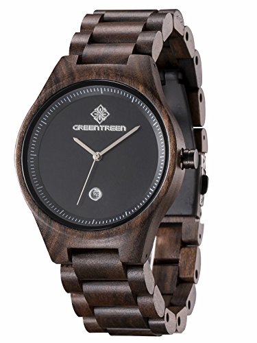 GreenTreen Reloj de pulsera de los hombres sándalo negro con calendario