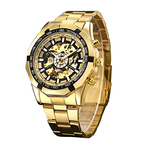 GuTe Reloj de pulsera mecánico automático, dial con diseño de X y mecanismo visible, color dorado y negro