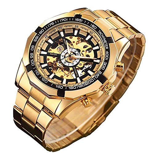 GuTe Reloj de pulsera mecánico automático, dial con diseño de X y mecanismo visible, color dorado y negro