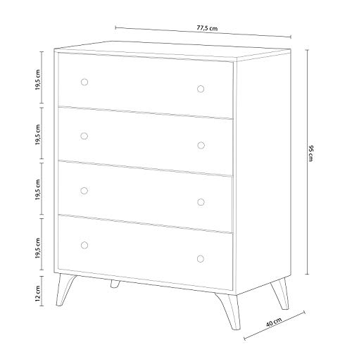 Habitdesign 007804A - Comoda 4 Cajones, Sifonier, Modelo Sweet, Color Blanco Artik, Medidas: 77,5 cm (Largo) x 40 cm (Fondo) x 95 cm (Alto)