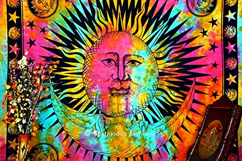 Handicrunch Indian Psychedelic Celestial Sun Moon Stars Tie Dye Tapestry, Good Morning Tapestry, Celestial Tapestry, Beach Throw, Bohemian Tapestries, Hippie Hippy Style, Gypsy Boho Wall Decor, Dorm Tapestry, Table Cloth, Picnic Blanket, 86x94 Inch.