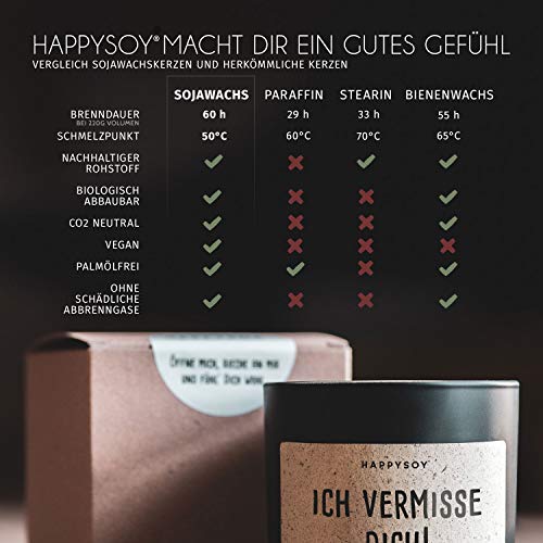 Happysoy Vermissen - Vela aromática en vaso con texto en alemán 100% natural, hecha a mano, regalo personal sostenible de la lejía – para mejor amiga – Ich vermisse Dich