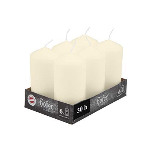 Hofer Velas Pilar - Paquete de 6 piezas - 30 horas de tiempo de combustión - Marfil - 6 cm x 12 cm - Cera sin perfume, sin goteo, larga duración, calidad de la UE