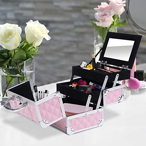 HOMCOM Maletín de Maquillaje Organizador Cosméticos Profesional Estuche de Maquillaje Caja de Belleza Portátil con Cerradura Varios Compartimientos 20x15x15cm Aluminio