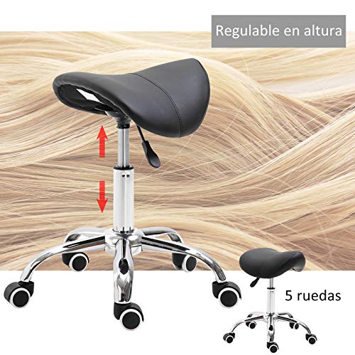 HOMCOM Silla Trabajo Taburete Ruedas Giratorias Taburete Cosmetica Dentista Peluqueria Color Negro