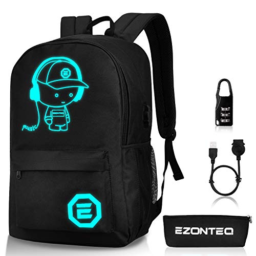 Horsky Bolso ligera de escuela con Impermeable Amortiguar los choques Bolso noctilucente de la computadora Bolsa de viaje con USB Puerto para niño niña chico chica mujer hombre - Negro 35L