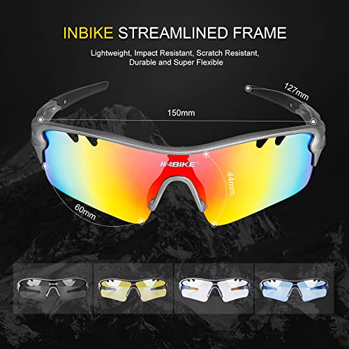 Inbike Gafas de Sol Polarizadas Para Ciclismo con 5 Lentes Intercambiables Uv400 y Montura de Tr-90, Gafas Para Mtb Bicicleta Montaña 100% de Protección Uv(Gris)