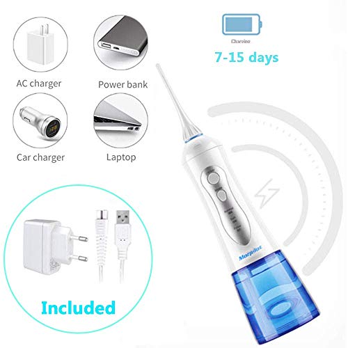 Irrigador Dental Profesional Portátil 300ml, Irrigador Bucal Recargable Impermeable IPX7 y 3 Modos Irrigador Dental de Viaje 4 Recambios Accesorios de Irrigadores Dentales Morpilot Water Flosser