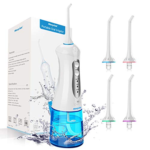 Irrigador Dental Profesional Portátil 300ml, Irrigador Bucal Recargable Impermeable IPX7 y 3 Modos Irrigador Dental de Viaje 4 Recambios Accesorios de Irrigadores Dentales Morpilot Water Flosser