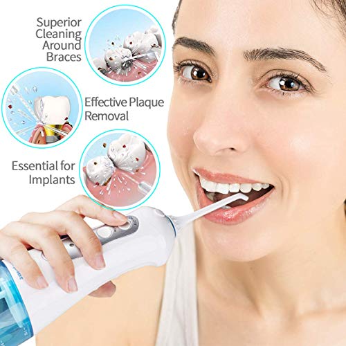 Irrigador Dental Profesional Portátil 300ml, Irrigador Bucal Recargable Impermeable IPX7 y 3 Modos Irrigador Dental de Viaje 4 Recambios Accesorios de Irrigadores Dentales Morpilot Water Flosser