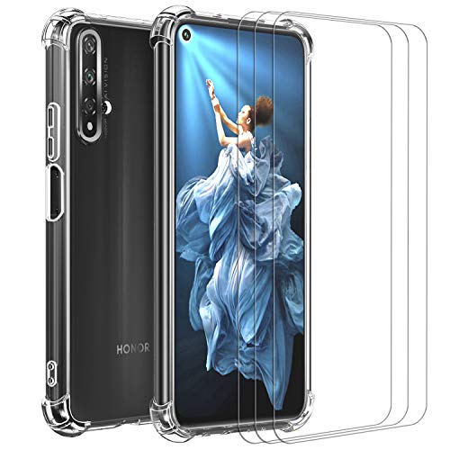 ivoler Funda para Huawei Nova 5T / Honor 20 / Honor 20S + [3 Unidades] Cristal Templado Protector de Pantalla, Fina Silicona Transparente TPU Carcasa Protector Airbag Anti-Choque Anti-arañazos Caso