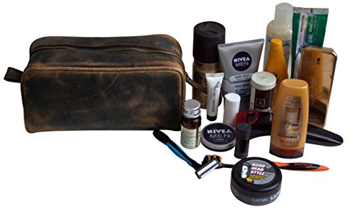 Jaald Bolsa Maletín Estuche Neceser De Cuero Piel para Aseo Baño Kit Afeitar Maquillaje Cosmético Medicinas Impermiable Regalo Bolso Hombre Leather Toiletry Bag Dopp Regalo De Padrinos De Boda