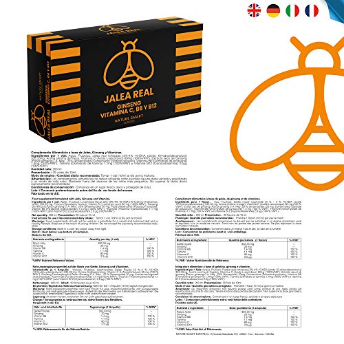 Jalea Real Con Ginseng | Vitamina C | Vitaminas B6 y B12 | Aporta Energía y Vitalidad |Refuerza las defensas (20 AMPOLLAS)