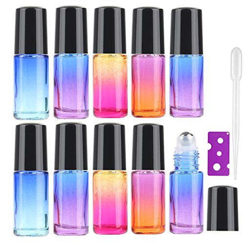 JamHooDirect - Botellas de 5 ml para aceites esenciales, recargables, con bolas de rodillo de acero inoxidable y tapas negras y abridor de botellas, perfectas para aromaterapia, fragancia, 10 unidades