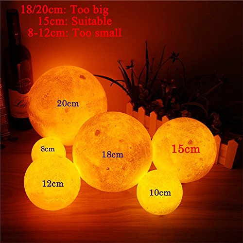 Jiusion 15cm Luna Lámpara Impresión 3D Luz de Noche con Base, USB interior recargable LED Night Light Bulb Touch Switch Dormitorio Estantería Cama Regalo para bebés niños Niños Mujeres Adultos