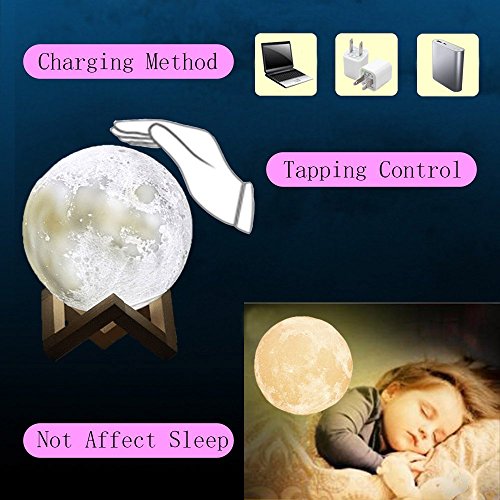 Jiusion 15cm Luna Lámpara Impresión 3D Luz de Noche con Base, USB interior recargable LED Night Light Bulb Touch Switch Dormitorio Estantería Cama Regalo para bebés niños Niños Mujeres Adultos