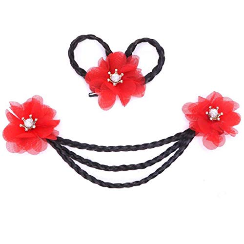 Joyas para niños frente cadena peluca trenza horquilla arco flor encaje superior clip princesa cadena conjunto de rendimiento femenino, tres flores de gardenia (conjunto) rojo grande