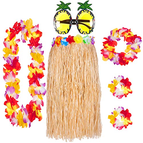 Juego de 6 piezas hawaiano hula falda de hierba con guirnaldas Lei y gafas de piña elegido de paja o multifalda verano Hawaii Beach Tropical Fancy Dress Party Costume