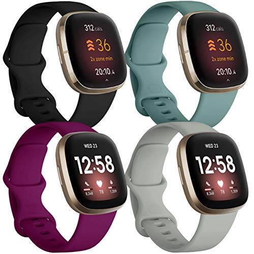 JUVEL Correa Compatibles con Fitbit Versa 3 Correa/Fitbit Sense Correas, 4 Pack Muñequeras Deportivas de Silicona Suave de Repuesto para Mujeres Hombres, Pequeño, Negro/Pino Verde/Gris/Fucsia