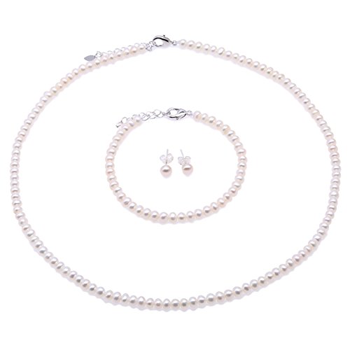 JYX Juegos de joyas de perlas Tamaño pequeño 4.5-5.5mm Pulsera de collar de perlas blancas y 925 Pendientes de plata de ley Conjunto de joyas - con cadena ajustable