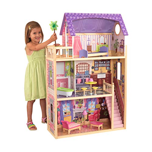 KidKraft 65092 Kayla - Casa de Muñecas de Madera con Muebles y Accesorios Incluidos, 3 Pisos, para Muñecas de 30 cm , color Natural/Rosa/Violeta