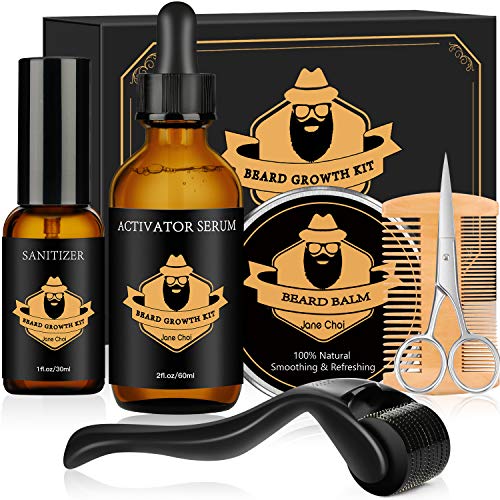 Kit Crecimiento de Barba, Rodillo Derma + Aceite de Suero para Crecimiento Barba+Bálsamo Barba+Peine+Tijeras, Kit Cuidado Barba Estimular Crecimiento De Vello Facial Perfecto Para Hombres Padre Novio