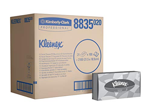 Kleenex 08835020 8835 Caja de Pañuelos, 21 Paquetes de 100 hojas, 2 Capas, Suaves y Resistentes, Sin Fragancia, Color: Blanco