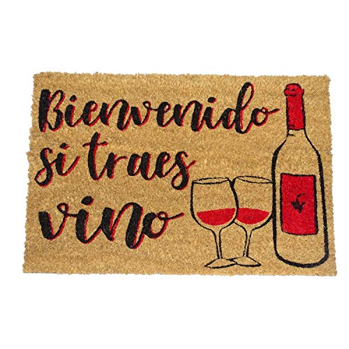 koko doormats Felpudo de Vino y Cerveza para Entrada de Casa Original y Divertido/Fibra Natural de Coco con Base de PVC, 40x60 cm (Bienvenido si traes Vino)