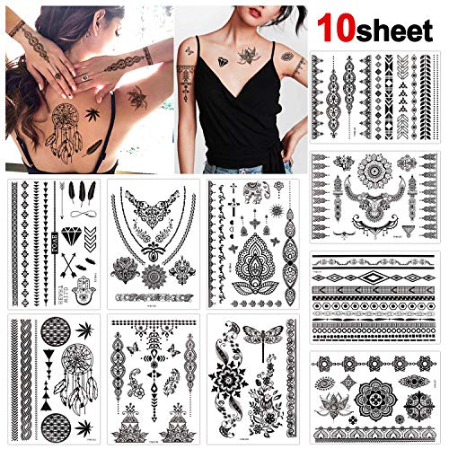 Konsait 10 hojas tatuajes temporales negro impermeable Tatuaje Temporal tatto Adhesivos cuerpo Tatuajes para adultos Mujer