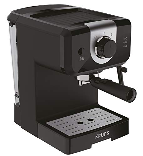 Krups Opio XP320810 - Cafetera, 15 bares de presión, calentador de taza y espumador de leche, control giratorio, negro/plata