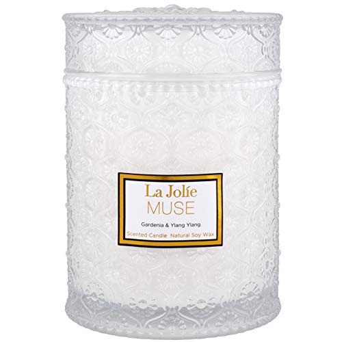 La Jolíe Muse Vela perfumada Gardenia & Ylang Ylang, 100% Vela de Soja Natural para el hogar, 90 Horas de duración, Lavanda, Tuberose jazmín, Frasco de Vidrio Grande, 19.4 oz