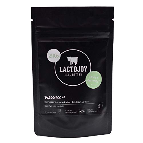 LactoJoy Pastillas de Lactasa 14.500 FCC I Tratamiento de Comprimidos para Intolerancia a la Lactosa I Digestión de la Leche, Queso I Capsulas de Enzimas Digestivas I Vegano I Recarga de 240 Caps