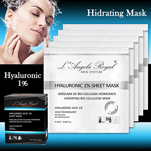 L'Angela Royal Mascarilla Hidratante Intensa Hyaluronic Acid 1% Flash Sheet Mask, Mascarilla facial BIO- Celulosa, Ácido Hialurónico, Efecto Inmediato, Regeneradora, para la cara. 5 uds.