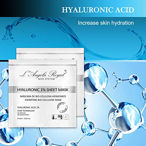 L'Angela Royal Mascarilla Hidratante Intensa Hyaluronic Acid 1% Flash Sheet Mask, Mascarilla facial BIO- Celulosa, Ácido Hialurónico, Efecto Inmediato, Regeneradora, para la cara. 5 uds.