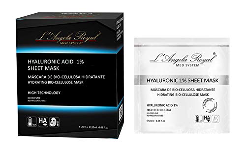 L'Angela Royal Mascarilla Hidratante Intensa Hyaluronic Acid 1% Flash Sheet Mask, Mascarilla facial BIO- Celulosa, Ácido Hialurónico, Efecto Inmediato, Regeneradora, para la cara. 5 uds.